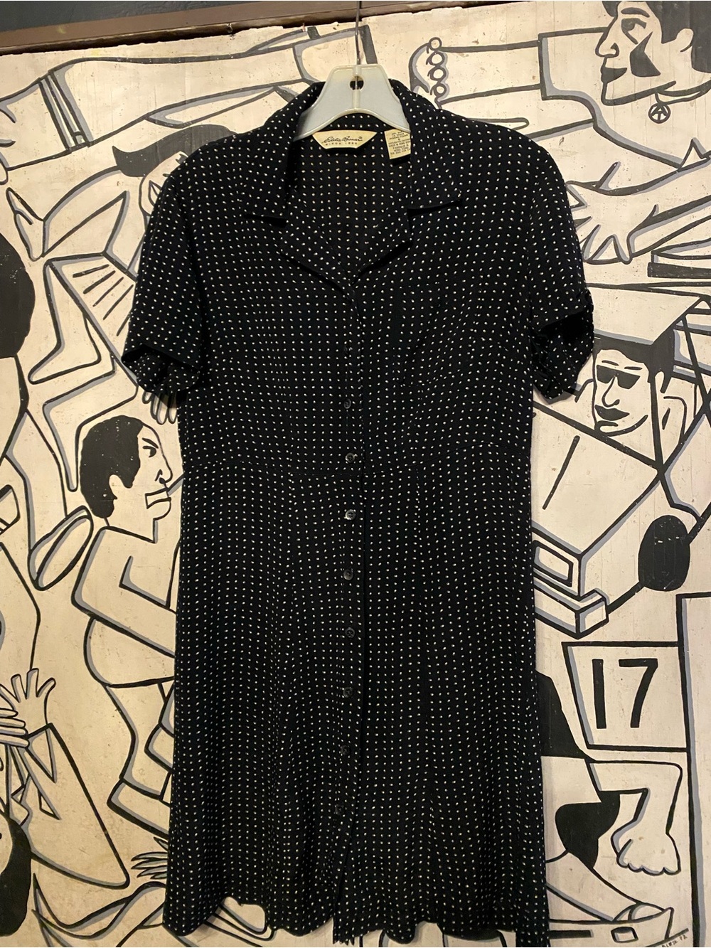 Eddie Bauer Black Short-Sleeve Button-Down Shirt Dress with White Dot Print